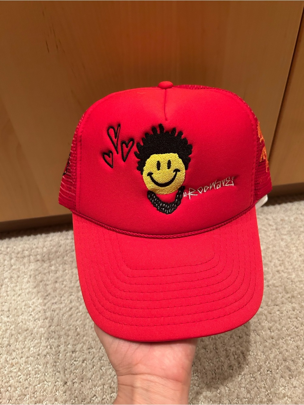 Red Smiley Face Trucker Hat with Heart Accents
